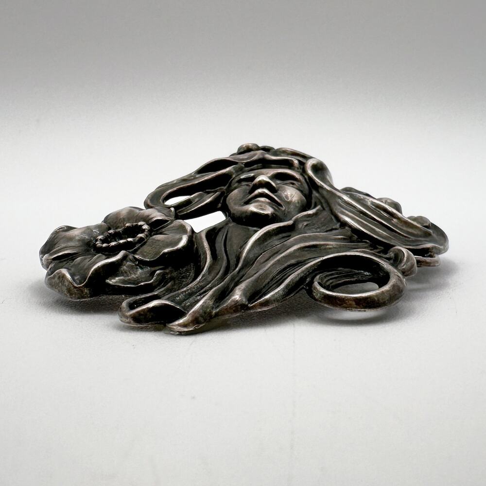 Antique Art Nouveau Sterling Silver Brooch Maiden with Flower, Gibson Girl Style - Picture 6 of 13